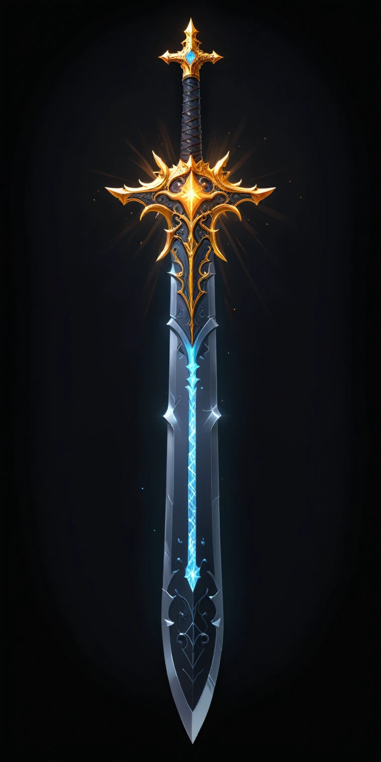 (pixel art, cartoon illustration, Lightbringer sword, Holy theme, simple black background, RPG game icon)