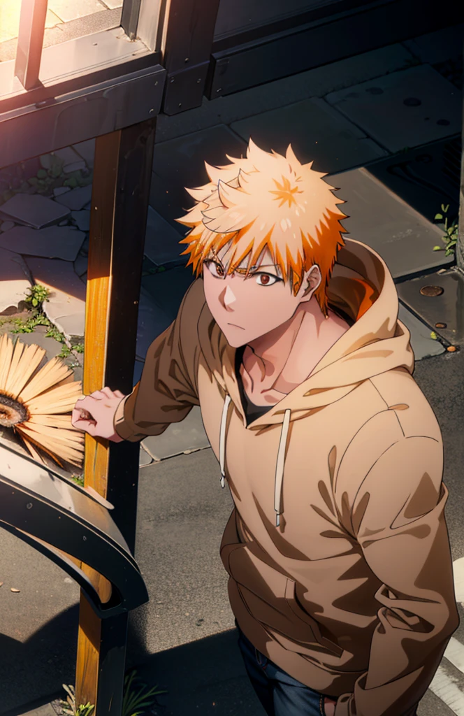 Ichigokurosaki, Ichigo Kurosaki, short hair, Orange Hair, Spiked Hair, (Brown eyes:1.5),
Oversized black hoodie,jeans,White sneakers,Walking,whole bodyがイラストに入るように,Daytime,Cold Sky, He has his hands in his hoodie pockets.,
break looking at viewer, whole body,
break outdoors, Building district,
break (masterpiece:1.2), Highest quality, High resolution, unity 8k wallpaper, (figure:0.8), (Beautiful attention to detail:1.6), Highly detailed face, Perfect lighting, Highly detailed CG, (Perfect hands, Perfect Anatomy),