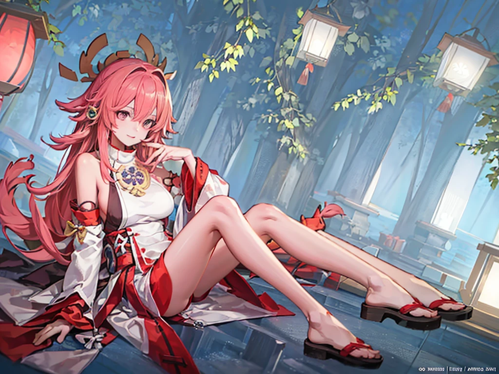 High quality, rich details, Japanese style painting, 1girl unique coquette, kimono bare-shouldered beauty, perfect display of thighs and cleavage, Yae Miko style, shrine at night, seductive smile, fox ear tail and collarbone, long hair shawl emanation, soft pink long hair, sexy side breasts, slender long legs, sitting on a chair