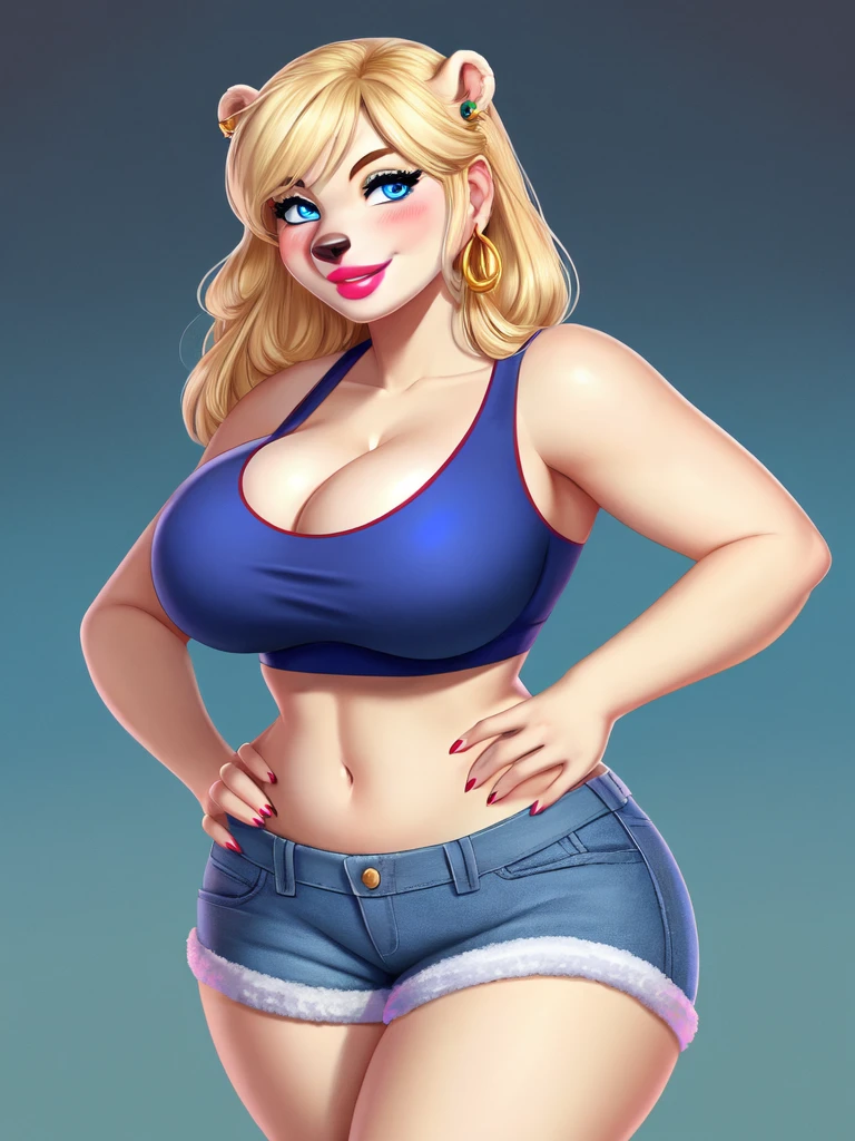 Blonde polar bear woman, wearing a Christmas crop top and jean shorts, perfect face, blue eyes, big breasts, cleavage, three-quarter view, solo, smile, perfect detailed body, pink lipstick, gold earring, hand on hips, blushing