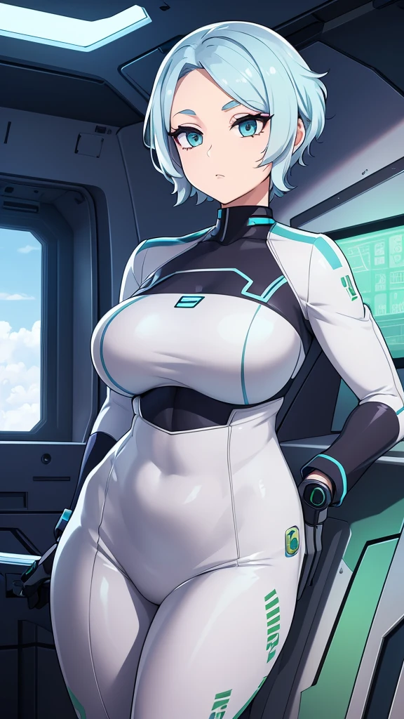 a sexy elite girl, beautiful, tall, wavy light blue hair, short cut, short forehead, her soft green eye, purple eyelashes, she wears a robotic metallic top, a military ship&#39;s aerial suit and pants, a gray military aerial suit&#39;s armor, black gloves, her hand, her back, her elite wing position.