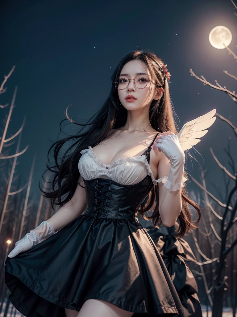 a beautiful attractive slender Chinese woman, long wavy black hair, black eyes, vintage glasses, v-neck Victorian dress, maple-colored bodice with black laces, red skirt, white gloves, angelic white wings, background a night sky with a twilight and vague moon - cherry forest lights