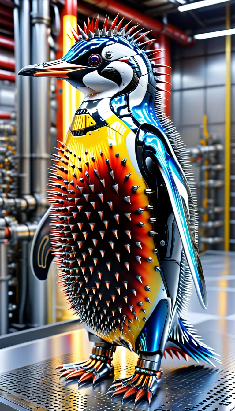 There is no one, Reality Photos, Reality Photos, Realistic photos of penguin-like creatures, spikes, multi-colored shiny fur, strange and, Surreal and, the other world, A robotic factory with a shiny assembly plant, intricate details, very sharp, Sophisticated details, Flawless composition, vivid colors, masterpiece, futuristic, metal decoration, The shiny red interior is empty., polished, ray tracing