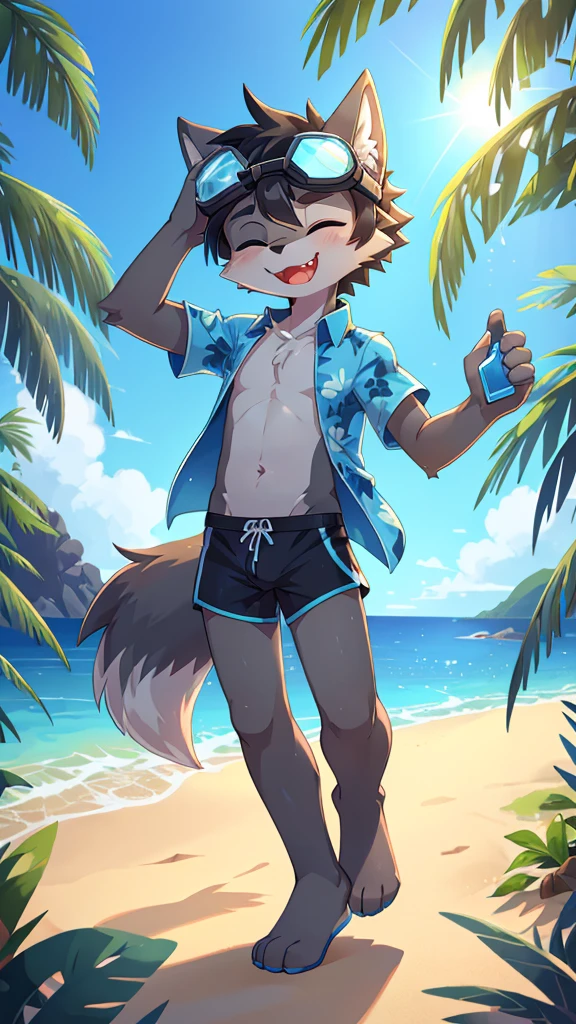 Furry shota, wolf, black hair, long spiky ponytail, blue eyes, detailed body fur, ((goggles, blue hawaiian shirt, open clothes, black swim trunks)), looking at you, fangs, clear grey body fur, detailed face, big eyebrows, detailed eyes, detailed body, detailed body fur, detailed hands, flat body, glistering body, shiny body, skinny, glow throughout the scene, gorgeous body, solo, :3, feets with three toes, full body, (wink, one eye closed), beach, clear sky, adjusting goggles,