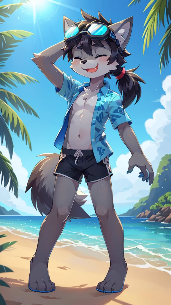 Furry shota, wolf, black hair, long spiky ponytail, blue eyes, detailed body fur, ((goggles, blue hawaiian shirt, open clothes, black swim trunks)), looking at you, fangs, clear grey body fur, detailed face, big eyebrows, detailed eyes, detailed body, detailed body fur, detailed hands, flat body, glistering body, shiny body, skinny, glow throughout the scene, gorgeous body, solo, :3, feets with three toes, full body, (wink, one eye closed), beach, clear sky, adjusting goggles,