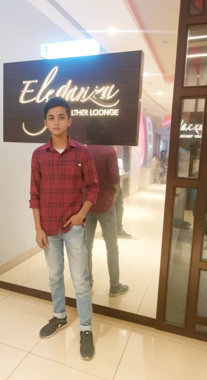 Replace the background with another background of Dubai city's Burj Khalifa in night sky with small details (windows, lights, pools around the building, people taking pictures, cars etc), make it like an avatar of teen boy, try that the face will look real and similar to the given image so that anyone can recognise, change the outfit in the given image to another outfit, change the colour the boy to brownish