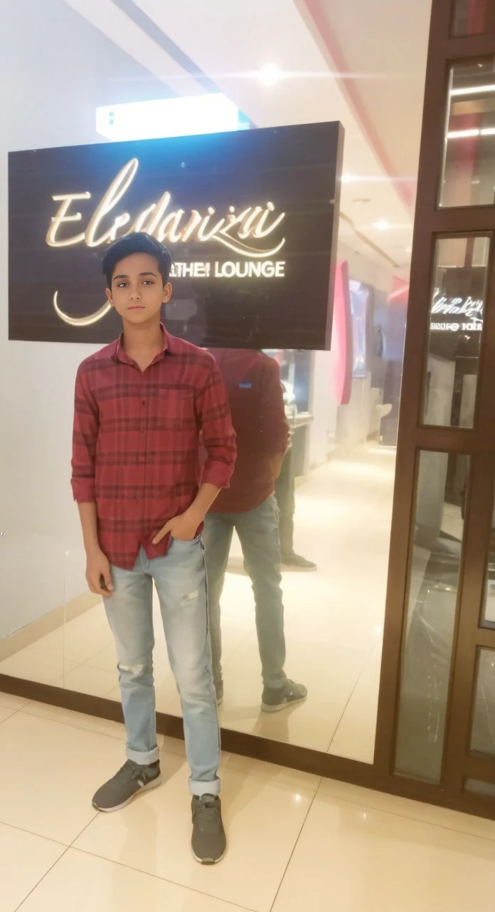 Replace the background with another background of Dubai city's Burj Khalifa in night sky with small details (windows, lights, pools around the building, people taking pictures, cars etc), make it like an avatar of teen boy, try that the face will look real and similar to the given image so that anyone can recognise, change the outfit in the given image to another outfit, change the colour the boy to brownish