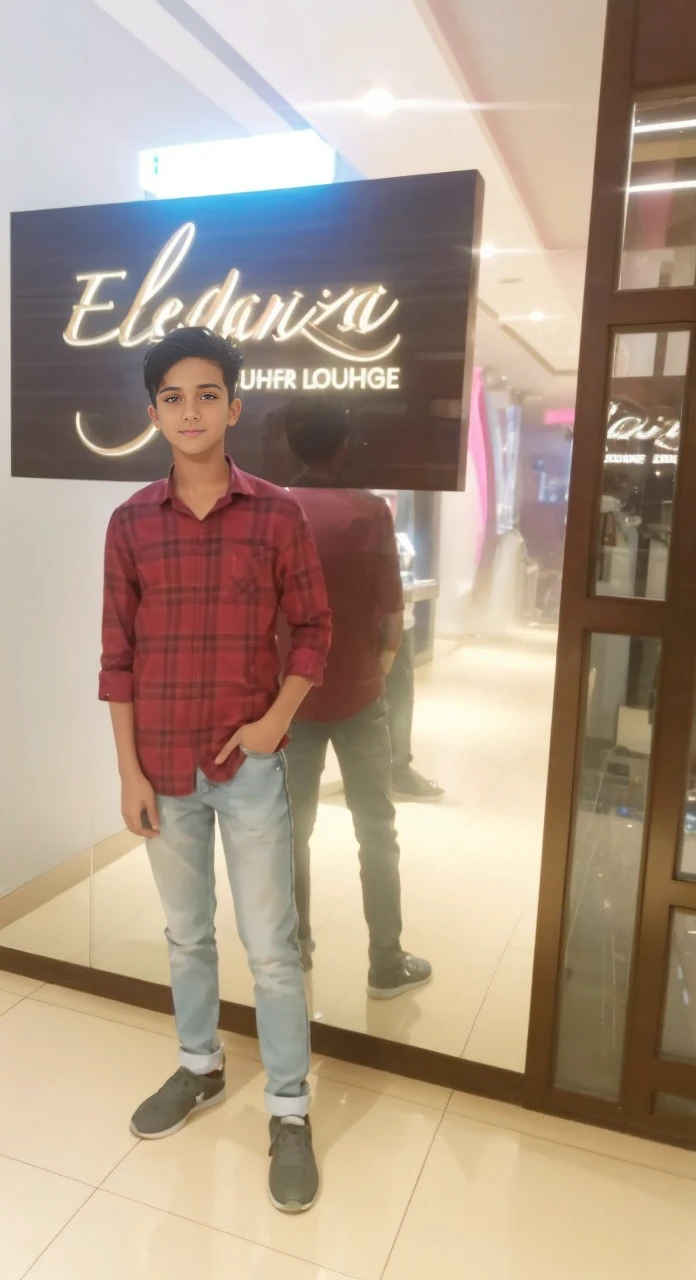 Replace the background with another background of Dubai city's Burj Khalifa in night sky with small details (windows, lights, pools around the building, people taking pictures, cars etc), make it like an avatar of teen boy, try that the face will look real and similar to the given image so that anyone can recognise, change the outfit in the given image to another outfit, change the colour the boy to brownish