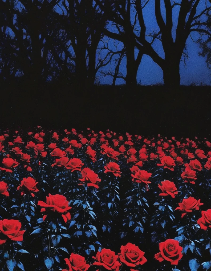 film photography, vintage, long view of red roses field with silhouette of horror, blue dark forest night background