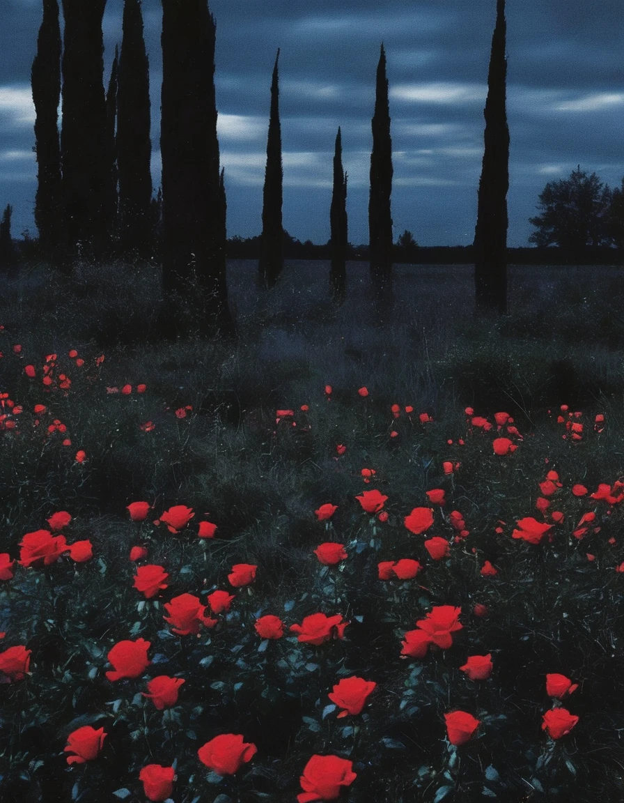 film photography, vintage, long view of red roses field with silhouette of horror, blue dark forest night background