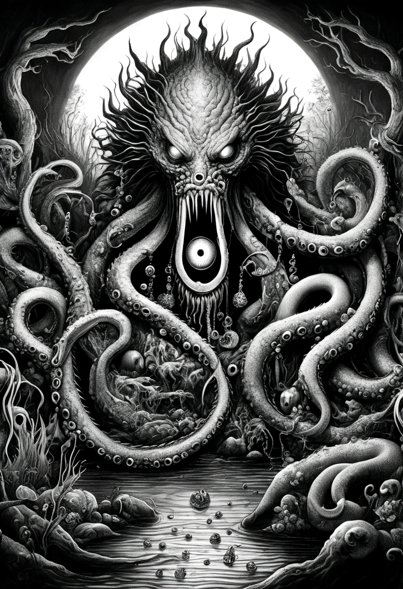 dark,fear,pain,struggle,Viscous liquid,A strange, one-eyed, fanged, ugly monster in a chest full of jewels in the swamp.,Long tentacles,Scattered jewelry,greedy