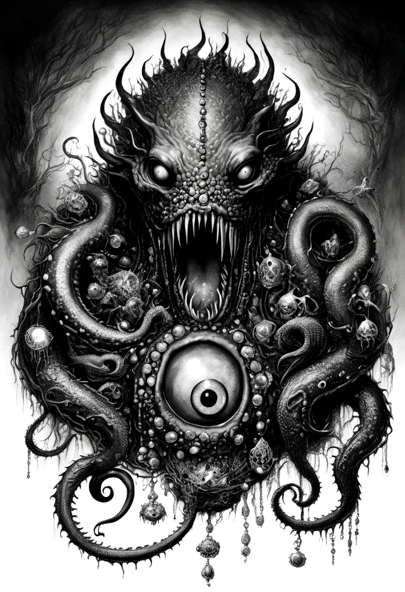 dark,fear,pain,struggle,Viscous liquid,A strange, one-eyed, fanged, ugly monster in a chest full of jewels in the swamp.,Long tentacles,Scattered jewelry,greedy