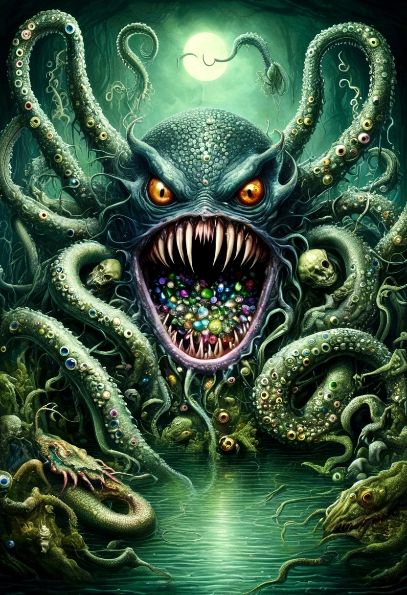 dark,fear,pain,struggle,Viscous liquid,A strange, one-eyed, fanged, ugly monster in a chest full of jewels in the swamp.,Long tentacles,Scattered jewelry,greedy