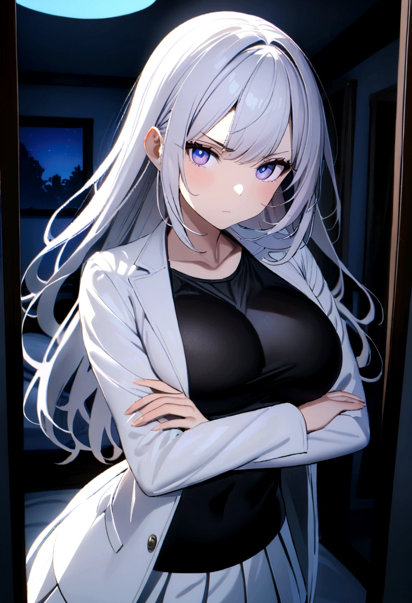 1 girl, ((Girl is curvy and slim, attractive and tall)), ((Girl has long silver hair)), ((purple and blue gradient eyes)), ((Girl wears a black body shirt, white jacket, short white pleated skirt, black stocking)), ((Girl is in the bedroom)), ((Girl is looking at viewer, serious, crossing arms)), 8k, ray tracing, night, zooming out