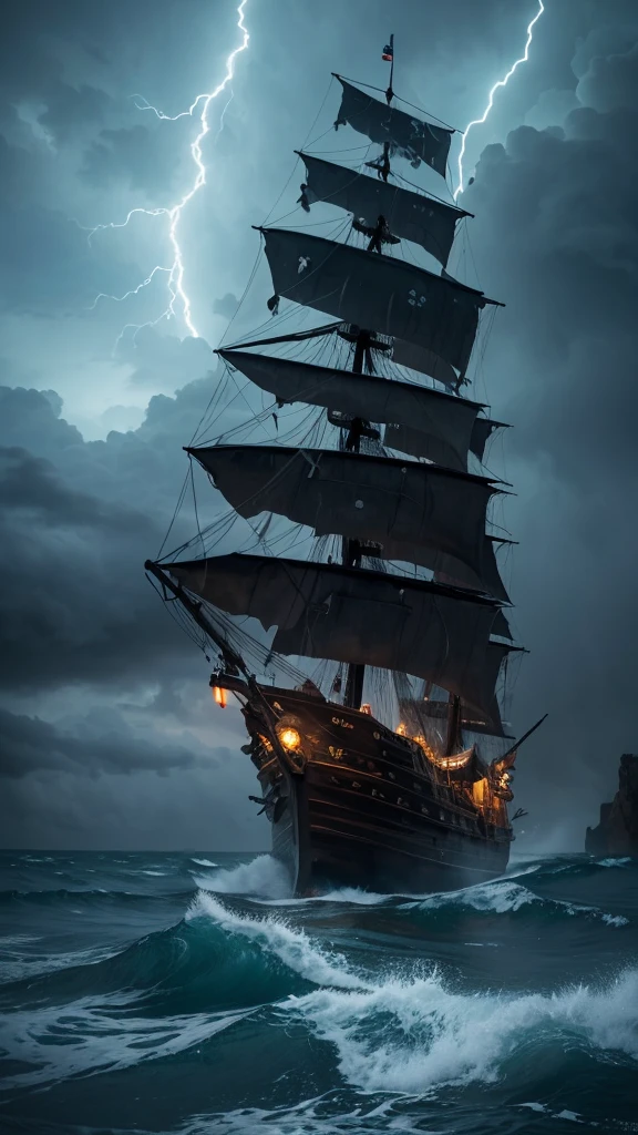 “Create a scene of a pirate ship sailing through a stormy, turbulent sea. The ship should be navigating near a large skull-shaped rock formation amidst a jagged reef. The sky is filled with swirling clouds, and heavy rain is pouring down. The atmosphere is dark and dramatic, with lightning illuminating the menacing waves and the ominous skull rock.”