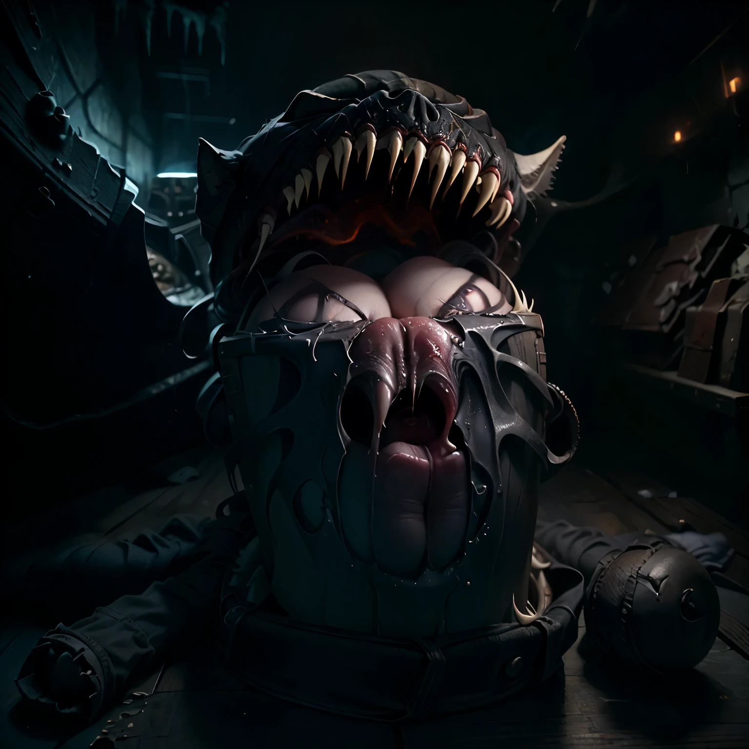 A brave adventurer is devoured by a terrifying mimic:1.9、A monster disguised as a treasure chest、Big fangs、Blood、Scream、Dark and gloomy cave、Dark fantasy、Horror、oil、(Highest quality、8K、High resolution、masterpiece:1.2)、Super detailed、(Real、Photorealistic、Photorealistic:1.37)、HDR、Studio Lighting、Extremely detailed depiction、Dramatic lighting、Cinematic、Moody atmosphere、Rich color palette、Dramatic Shadows、Ominous atmosphere