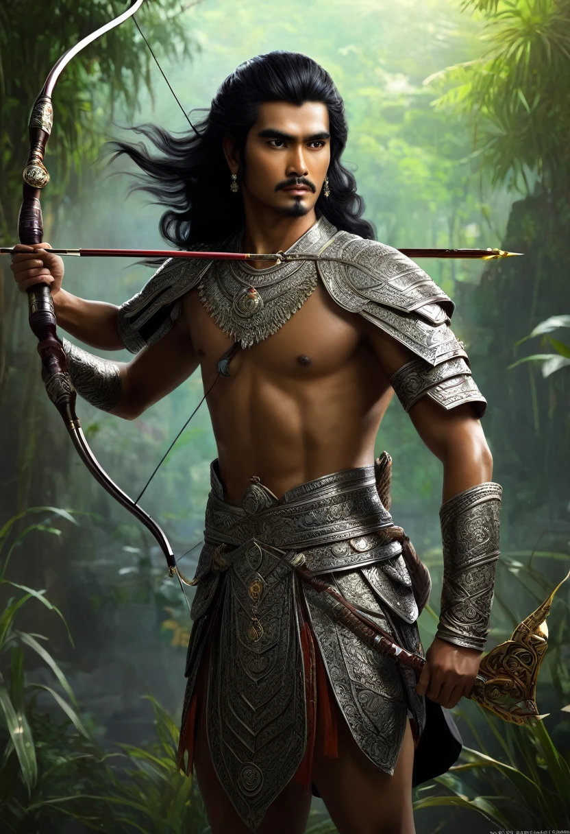 Arjuna in Mahabarata, holding a bow and arrow, Javanese princess, majapahit warrior, long wavy black hair, hair tied up, wide eyes looking sharp and firm, very handsome face, bare chested, wearing ancient Javanese knight jawelry, realistic, background black, fantasy, intricate, elegant, highly detailed, digital painting, art station, concept art, no background, Movie Poster