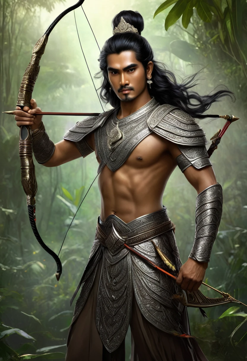 Arjuna in Mahabarata, holding a bow and arrow, Javanese princess, majapahit warrior, long wavy black hair, hair tied up, wide eyes looking sharp and firm, very handsome face, bare chested, wearing ancient Javanese knight jawelry, realistic, background black, fantasy, intricate, elegant, highly detailed, digital painting, art station, concept art, no background, Movie Poster