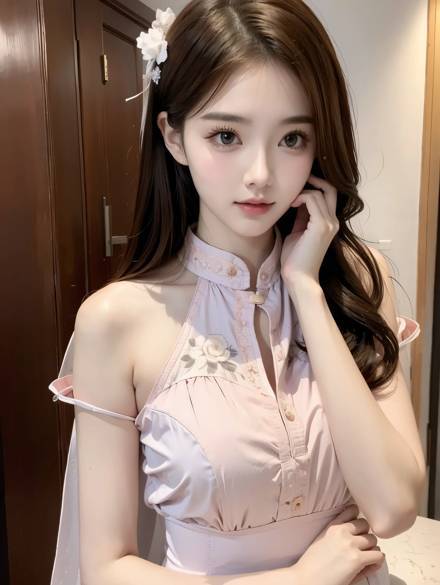 Ultra-realistic 8k, CG, Flawless, Cute expression, Intricate details, 18-year-old girl wearing chiffon cheongsam, Best quality, Realistic photos