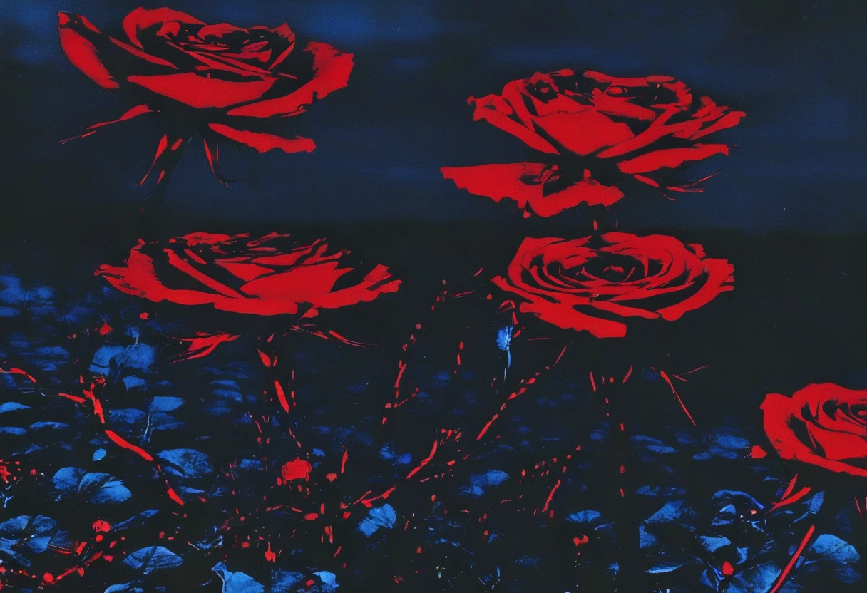 film photography, vintage, long view of red roses field with silhouette of horror, blue dark forest night background