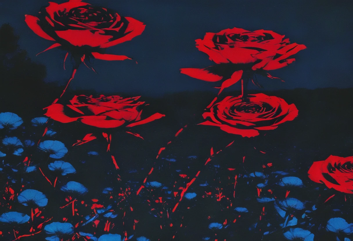 film photography, vintage, long view of red roses field with silhouette of horror, blue dark forest night background