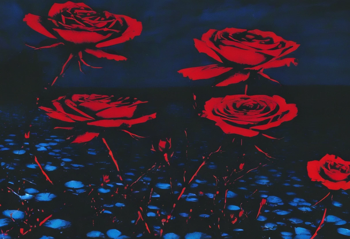 film photography, vintage, long view of red roses field with silhouette of horror, blue dark forest night background