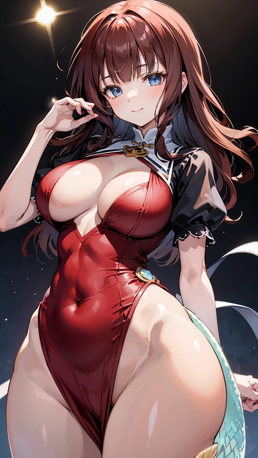 masterpiece, Highest quality, Disorganized, Perfect , Kaede Joanne Nouvel, Long Hair, smiling , (((busty))),1girl, sensual body, Her cheeks flushed, mermaid dress