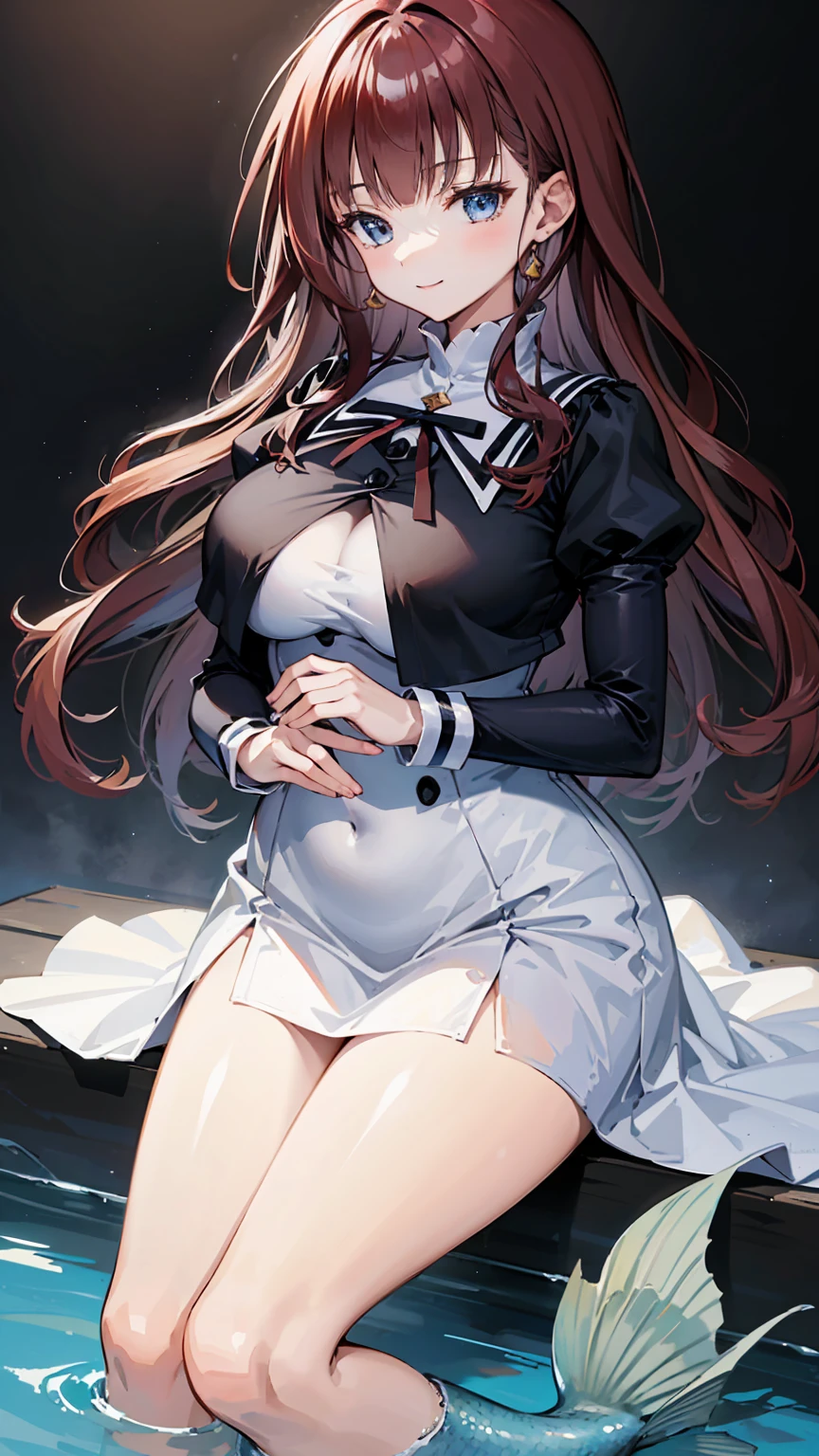 masterpiece, Highest quality, Disorganized, Perfect , Kaede Joanne Nouvel, Long Hair, smiling , (((busty))),1girl, sensual body, Her cheeks flushed, mermaid dress