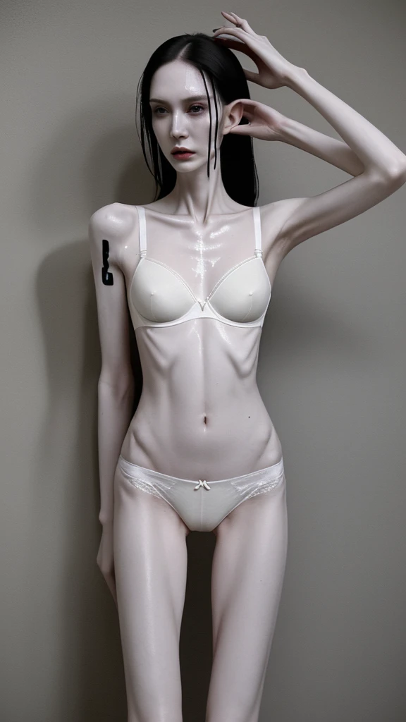 a woman, very thin body, body visible bones, very slender, sweaty wet body, pale white skin, panties, bra,tatto, full body, has a mental breakdown in underground prison