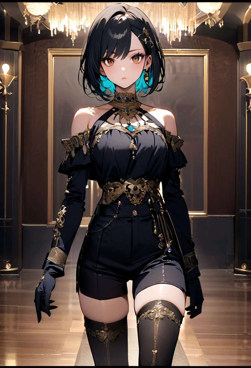 solo, female, seductive smile, gold jewelry, black hair styled in a short pixie cut, deep blue eyes, pale complexion, toned yet curvaceous physique, 170cm tall, black gown that accentuates her assets, sharp features, well-defined abs, perky breasts, hotel, elegant, slender, fur scarf, luxurious, classy dress