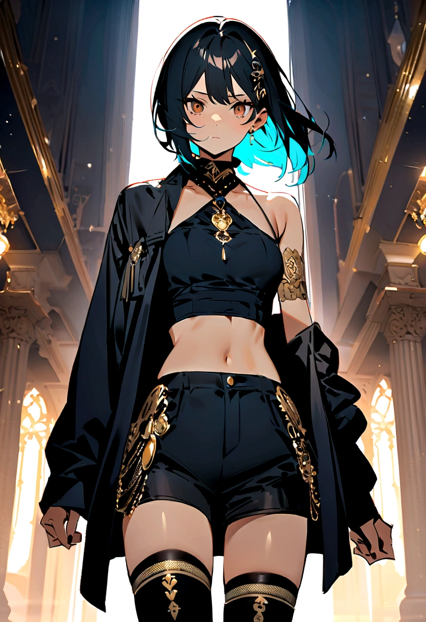 I have black hair with teal at the bottom of my hair. I have brown eyes and warm olive skin. I'm 5"1 ft tall. I'm wearing black shorts and a black jacket with dark blue designs and a cropped halter. My outfit has gold accessories with dark blue gems, I'm wearing black thigh high boots that are easy to run in. I'm introverted and reserved. I have a hydro vision that is clipped to my shorts. Looks intimidating. Very little jewelry.