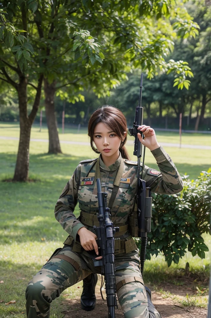 WOMAN IN TNI MILITARY CLOTHING WITH TAPE MOTIF BODY HEIGHT 190 CM, STAND UNDER A TREE, NEXT TO IT THERE IS A FIGHTER JET PLANE, HAND HOLDING A SNIPER WEAPON 