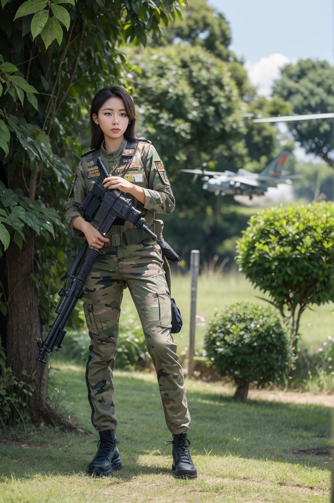 (8K, Raw-Photo, best qualtiy, tmasterpiece:1.2),(realisticlying, photograph realistic:1.4),(Highly detailed CG unity 8k wallpaper),(Round face: 1.5), (detailed pupil:1.3),A young but very beautiful 35-year-old Korean female soldier stands in front of a snowy mountain valley ,K2 rifle in handwearing a tight-fitting desert camouflage vest, Wearing a short skirt with desert camouflage, Handsome pose, belts, I wear a military watch, Jeep Wrangler in desert camouflage outdoors, digital painting, highly detaild, ultra-definition, professional photograph, 8K, ultra-HD, Desert background, real skin texture , Normal intact fingers, Correct facial features, Clear Focus, Eye-catching lighting, blue-sky