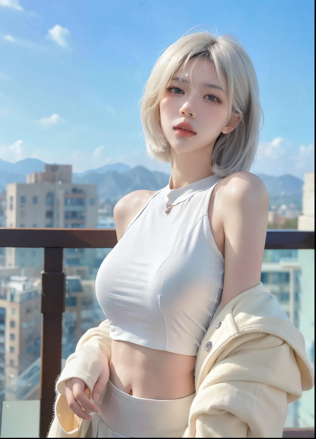 Beautiful woman with perfect figure:1.4，Ultra-high resolution，Blue sky background，（Realism:1.4)，Layered hairstyle，White skin，JK:1.5，Super short pleated skirt，whole body：1.4，Very delicate and skin texture，Double eyelids，Skin Whitening，Long hair，White hair
