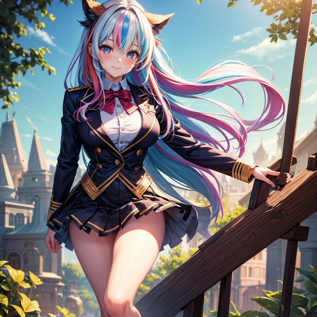 best quality，8K，masterpiece，beautiful girlゲーム，smile，two girls，One side turns its butt forward，beautiful girl，beautiful girl，custom，light-novel，Isekai Fantasy，Magical girl，big breasts，Future fashion，uniform，blazer，mini skirt，horny girl，Ribbon on uniform，Outstanding style，multicolored clothes，Beautiful girl with psychic powers，long hair，Multicolored hair colors，highest quality，perfect face，hyper real stick，perfect girl，
