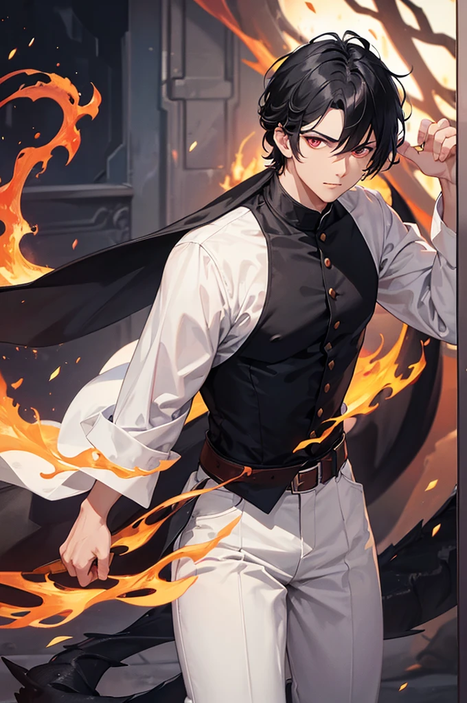 A HANDSOME GUY WEARING WHITE SHIRT, BLACK HAIR, FIERY EYES, FIERY ARMS, FIRE AROUND, KILL A DRAGON