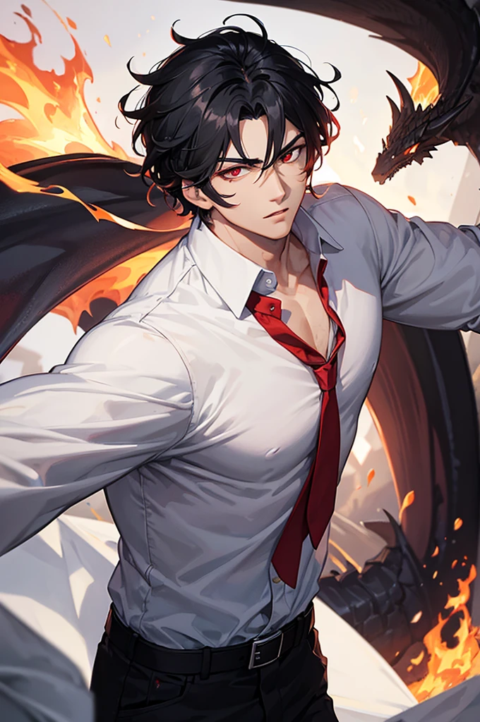 A HANDSOME GUY WEARING WHITE SHIRT, BLACK HAIR, FIERY EYES, FIERY ARMS, FIRE AROUND, KILL A DRAGON