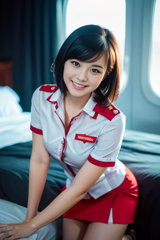 (a gorgeous lady, age 21, Flight Attendant uniform, Shenzhen Airlines Stewardess, wet white shirt, red mini-skirt, kneeling in bedroom, dimpled smile, short bob hair, wet short hair, cute snaggle-tooth, well-endowed round bosom, long flawless legs, photorealistic, beautiful detailed eyes, beautiful detailed face, hyper-realism, high contrast, ultra HD, realistic skin textures, top image quality, top-quality, super high resolution, fine details, very meticulously, close-up, head to thigh, romantic night, dark bokeh background)
