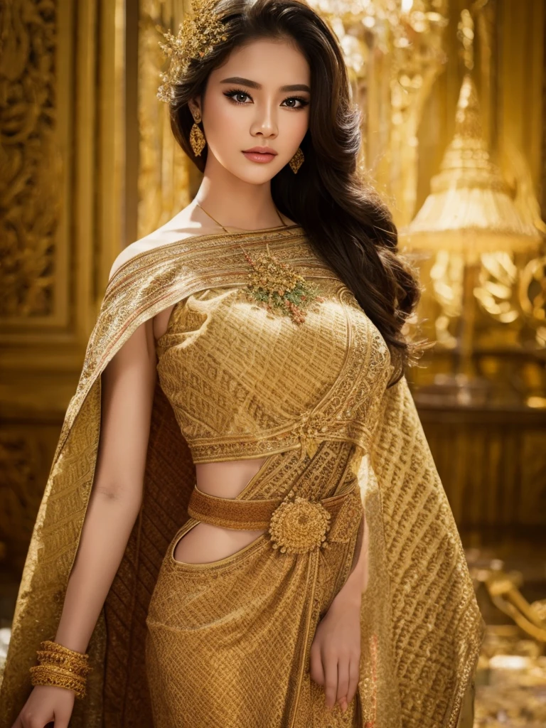 (masterpiece, best quality:1.2), 1girl, solo, thai girl, thai dress, dress, big breasts, beautiful detailed eyes, beautiful detailed lips, extremely detailed face and eyes, long eyelashes, flowing hair, intricate clothing details, photorealistic, 8k, natural lighting, warm color tones, fantasy art, cinematic lighting