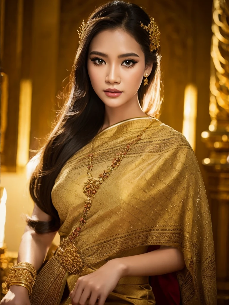 (masterpiece, best quality:1.2), 1girl, solo, thai girl, thai dress, dress, big breasts, beautiful detailed eyes, beautiful detailed lips, extremely detailed face and eyes, long eyelashes, flowing hair, intricate clothing details, photorealistic, 8k, natural lighting, warm color tones, fantasy art, cinematic lighting