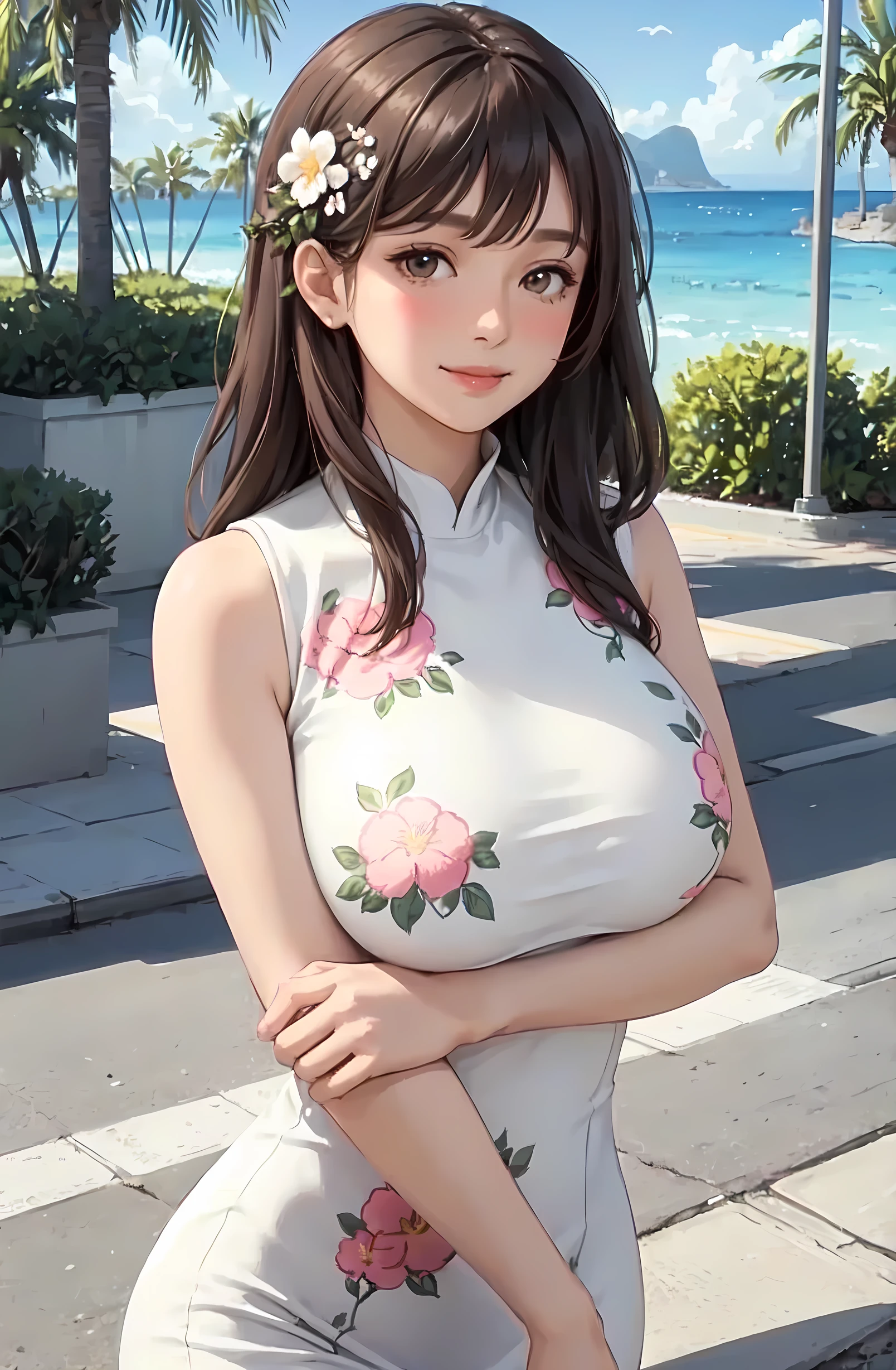 1lady standing, (mature female:0.8), (pencil dress with floral print), /(brown hair/) bangs, blush kind smile, (masterpiece best quality:1.2) delicate illustration ultra-detailed, large breasts, arms down BREAK (streets of resort island), outdoors, detailed background