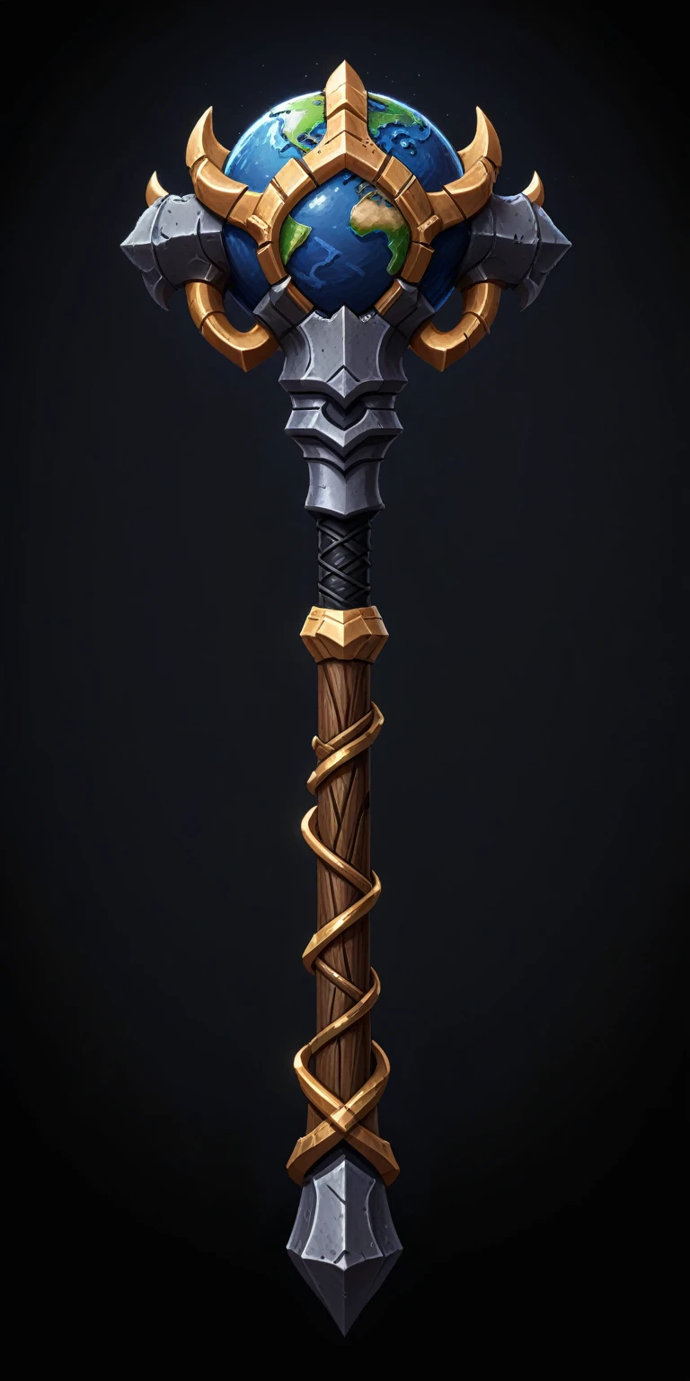 (pixel art, cartoon illustration, Earthshaker mace, Earth theme, simple black background, RPG game icon)