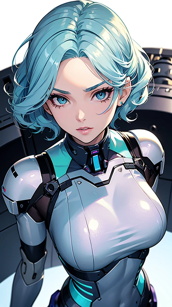 a sexy elite girl, beautiful, tall, wavy light blue hair, short cut, short forehead, her soft green eye, purple eyelashes, she wears a robotic metallic top, a military ship&#39;s aerial suit and pants, a gray military aerial suit&#39;s armor, black gloves, her hand, her back, her elite wing position.