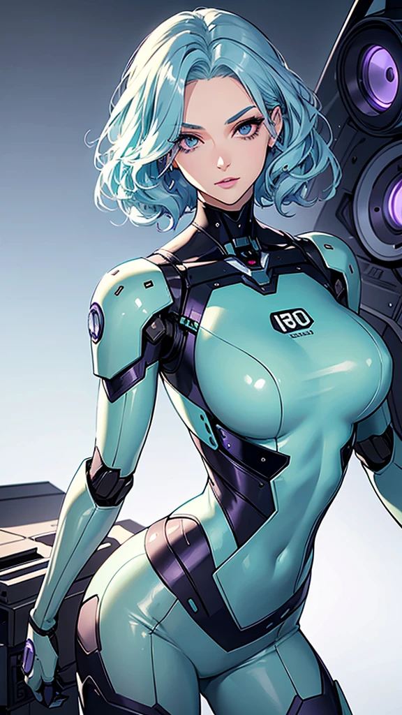 a sexy elite girl, beautiful, tall, wavy light blue hair, short cut, short forehead, her soft green eye, purple eyelashes, she wears a robotic metallic top, a military ship&#39;s aerial suit and pants, a gray military aerial suit&#39;s armor, black gloves, her hand, her back, her elite wing position.