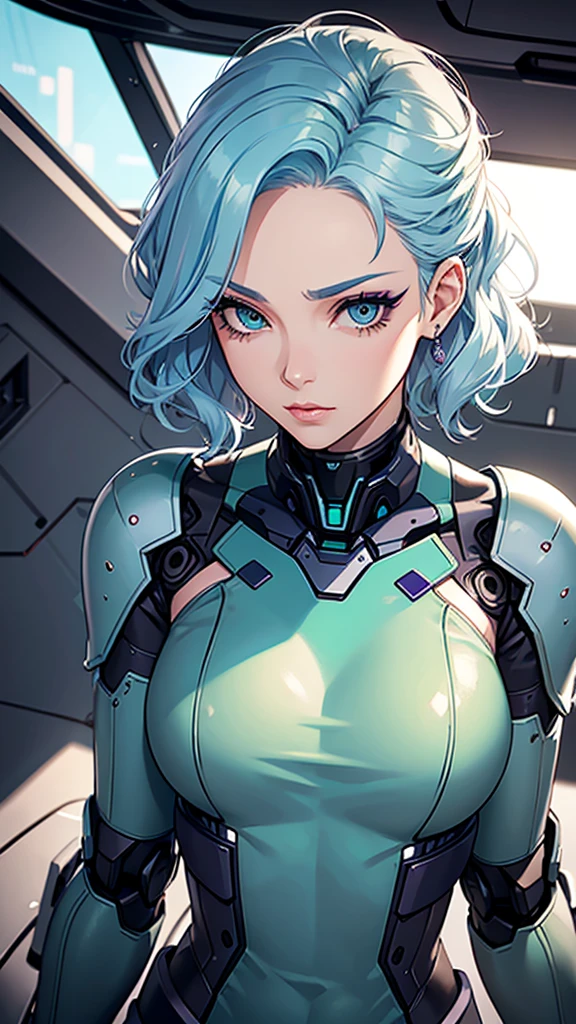 a sexy elite girl, beautiful, tall, wavy light blue hair, short cut, short forehead, her soft green eye, purple eyelashes, she wears a robotic metallic top, a military ship&#39;s aerial suit and pants, a gray military aerial suit&#39;s armor, black gloves, her hand, her back, her elite wing position.