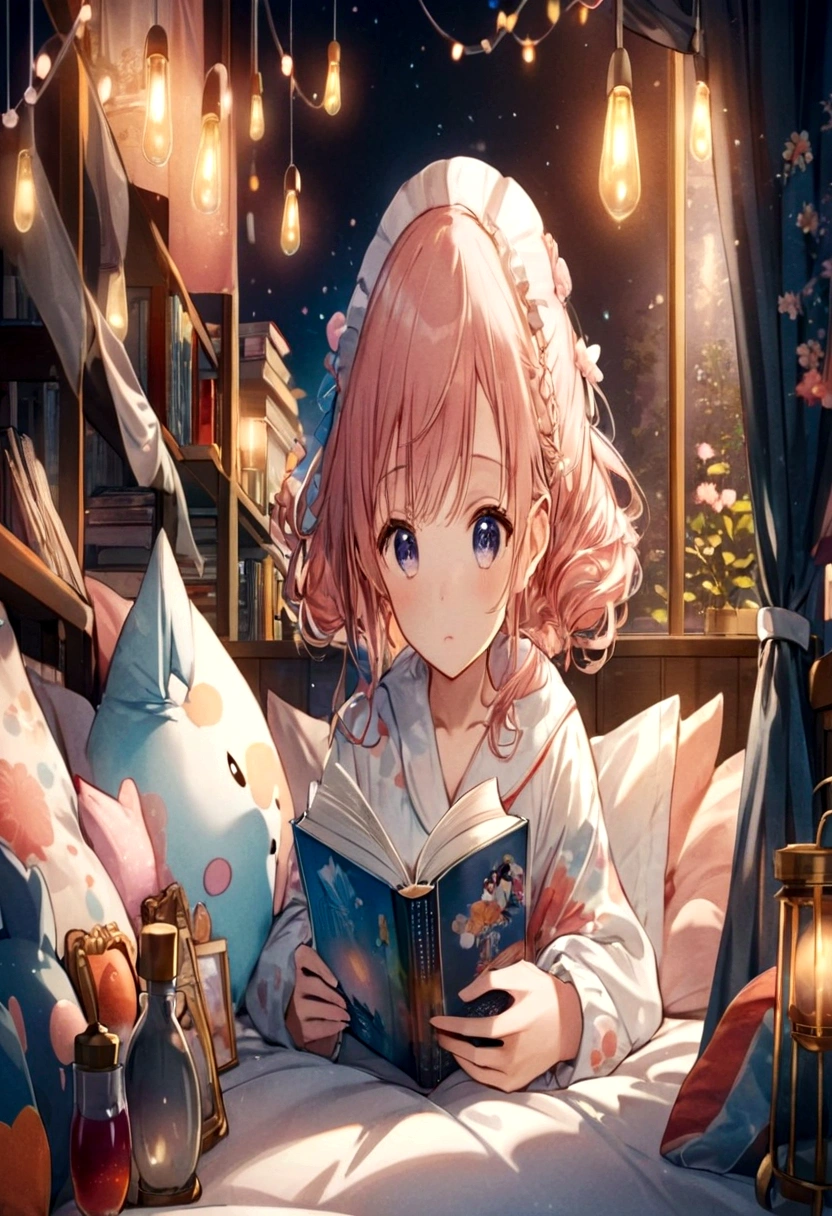 anime girl reading a book in bed with lights on, anime style 4 k, 4 k manga wallpaper, anime art wallpaper 4 k, anime art wallpaper 4k, anime art wallpaper 8 k, anime wallpaper 4k, anime wallpaper 4 k, 4k anime wallpaper, young anime girl, cute anime girl, anime visual of a cute girl, splash art anime