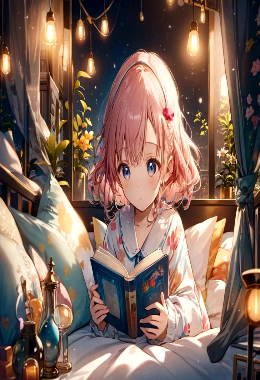 anime girl reading a book in bed with lights on, anime style 4 k, 4 k manga wallpaper, anime art wallpaper 4 k, anime art wallpaper 4k, anime art wallpaper 8 k, anime wallpaper 4k, anime wallpaper 4 k, 4k anime wallpaper, young anime girl, cute anime girl, anime visual of a cute girl, splash art anime