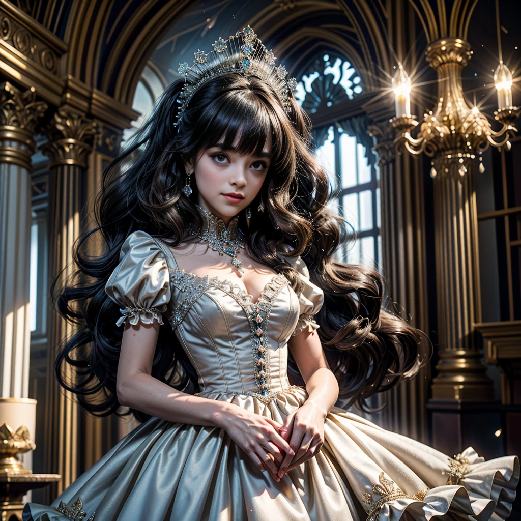 Dramatic composition, court-style dresses, royal, gorgeous, cascading frills, ruffles, bows, crystal chandeliers, Roman curly hairstyles, ponet, double ponytails like drills, look at the camera, bangs, maximalism, palatial background, delicate portrayal of hair and eyes, princess dresses, gorgeous skirts, flowers in hand, smiles, starry eyes, cinematic light, extreme detail, high definition, happy girl, very long hair, diamonds, broken diamonds, crystal fragments, light particles