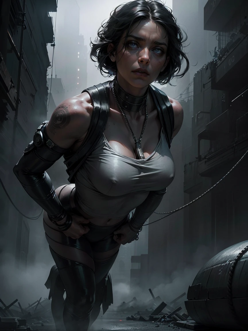 a young woman, ropes coiled around her wrists and ankles, intense expression, dramatic lighting, dystopian atmosphere, moody colors, cinematic composition, highly detailed, realistic, photorealistic, hyper detailed, 8k, best quality, masterpiece