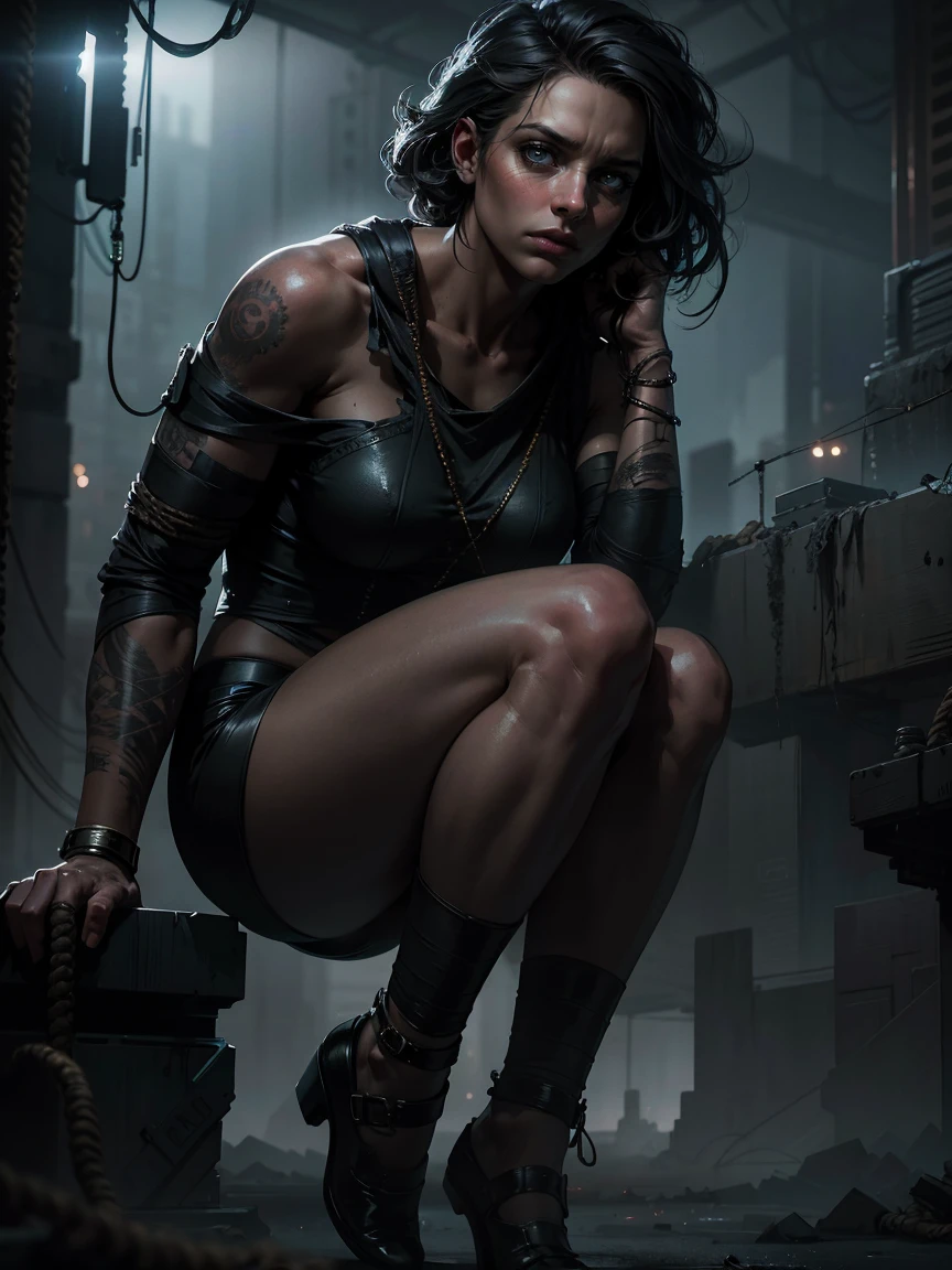 a young woman, ropes coiled around her wrists and ankles, intense expression, dramatic lighting, dystopian atmosphere, moody colors, cinematic composition, highly detailed, realistic, photorealistic, hyper detailed, 8k, best quality, masterpiece